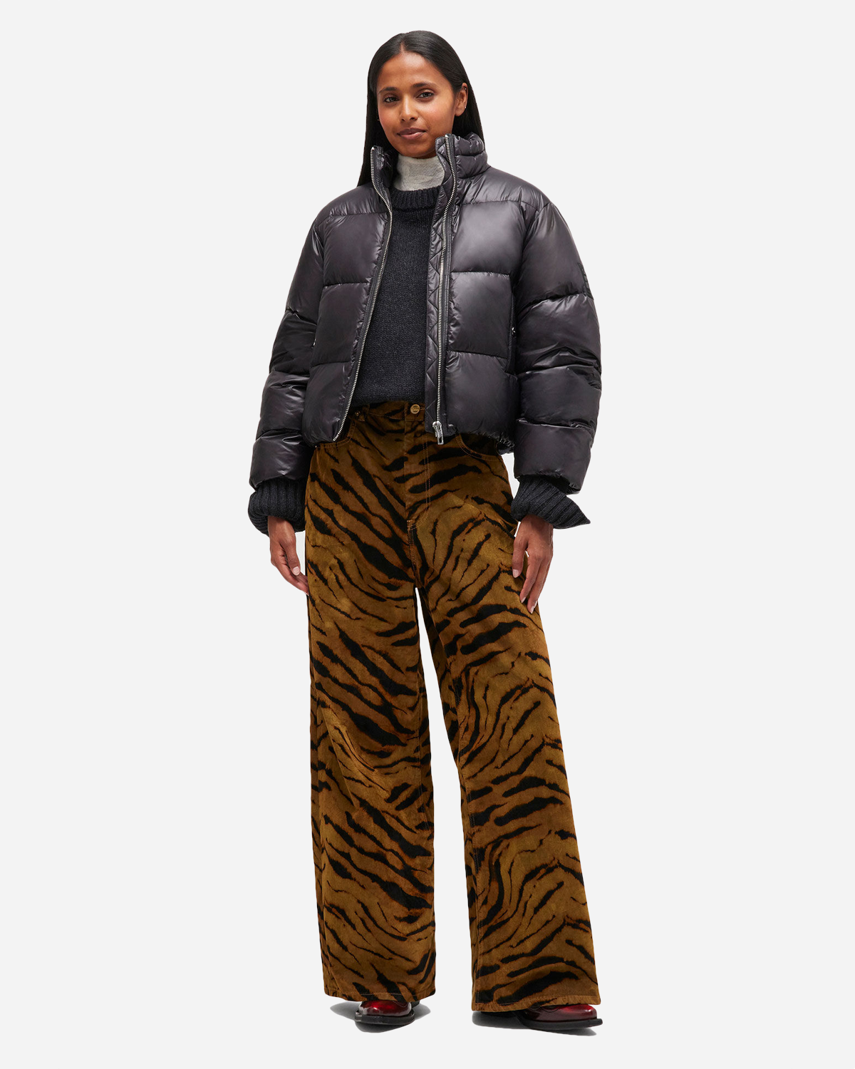 Shiny Nylon Short Puffer Jacket - Black