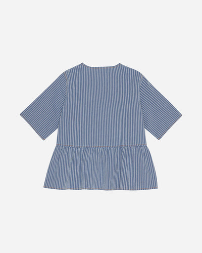 Light Stripe Denim Peplum Blouse - Mid Blue Stone