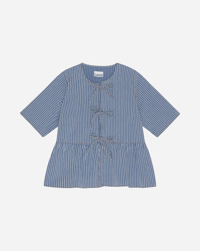 Light Stripe Denim Peplum Blouse - Mid Blue Stone