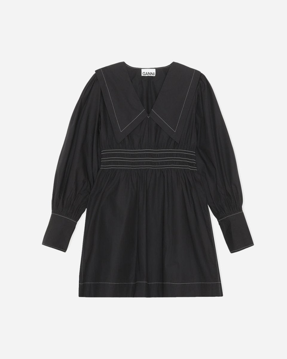 Cotton Poplin V-neck Mini Dress - Black - Munk Store