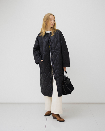 Shiny Quilt Long Coat - Black