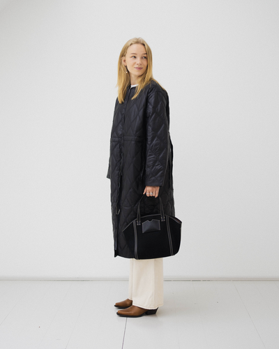Shiny Quilt Long Coat - Black