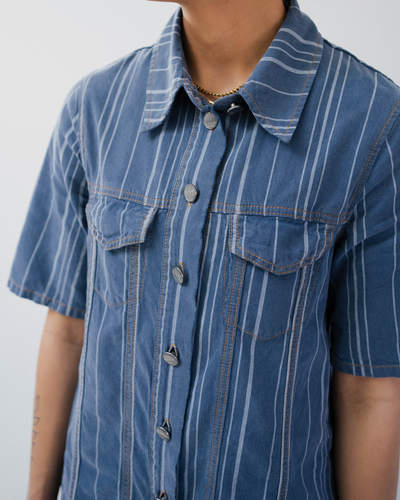 Light Stripe Denim Mini Dress - Mid Blue Stone