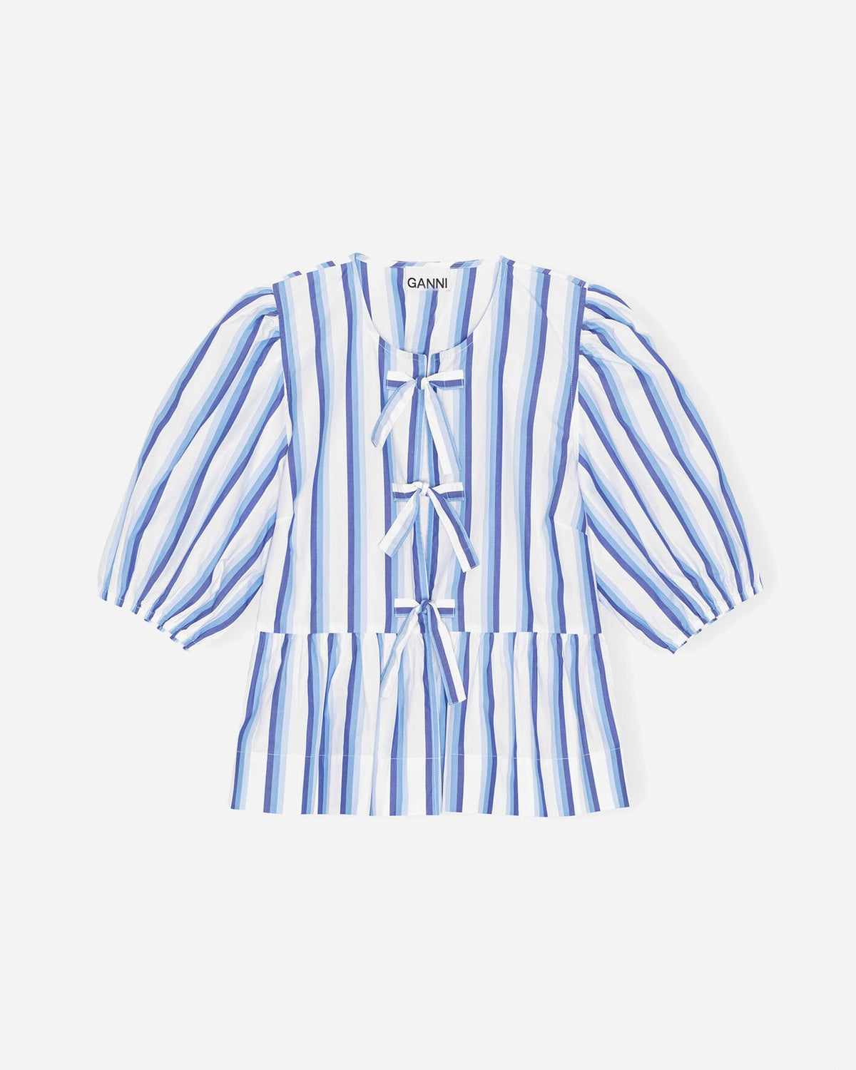 Stripe Cotton Peplum Puff Sleeve Blouse - Silver Lake Blue