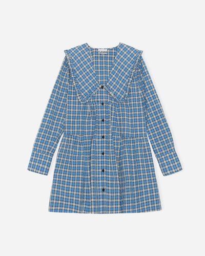 Seersucker Check Gathered Panel Wide Shirt Dress - Check Azure Blue - Munk Store