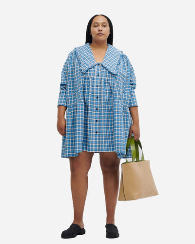 Seersucker Check Gathered Panel Wide Shirt Dress - Check Azure Blue - Munk Store