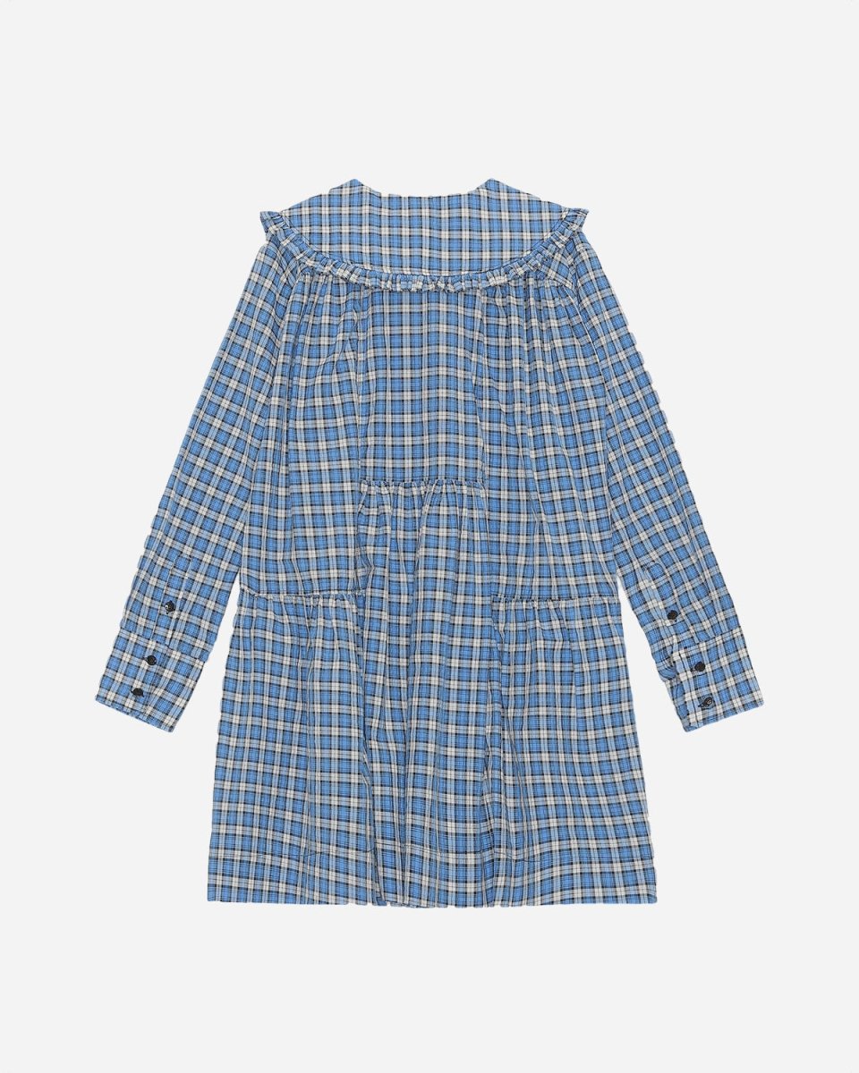 Seersucker Check Gathered Panel Wide Shirt Dress - Check Azure Blue - Munk Store