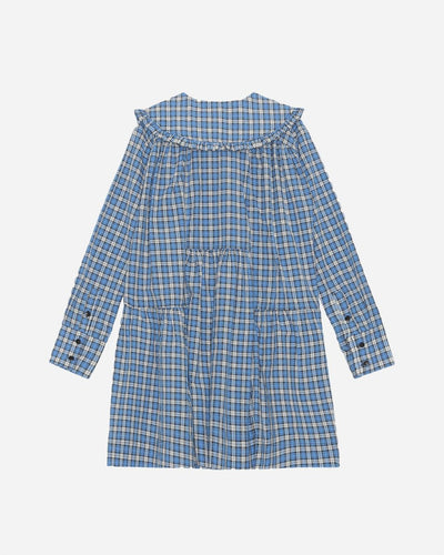 Seersucker Check Gathered Panel Wide Shirt Dress - Check Azure Blue - Munk Store
