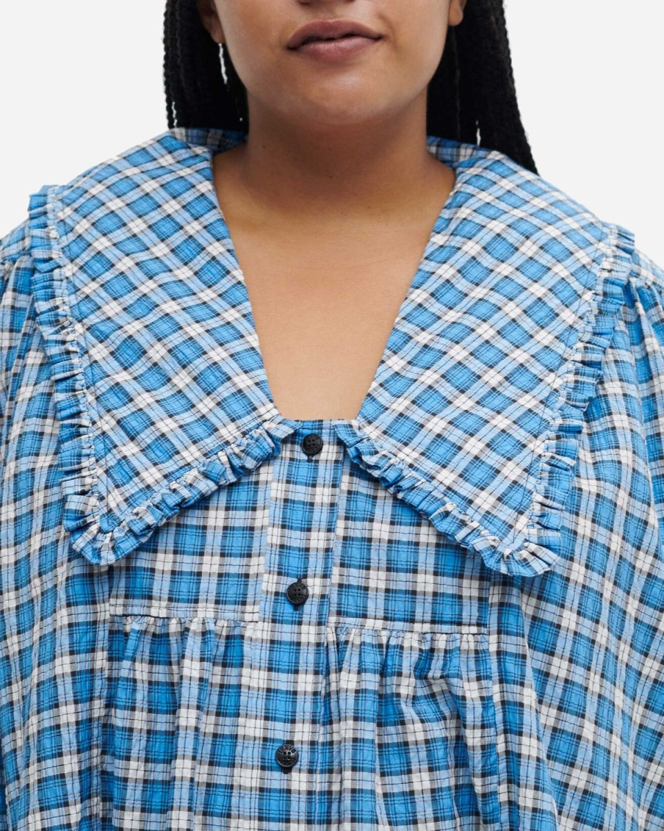 Seersucker Check Gathered Panel Wide Shirt Dress - Check Azure Blue - Munk Store