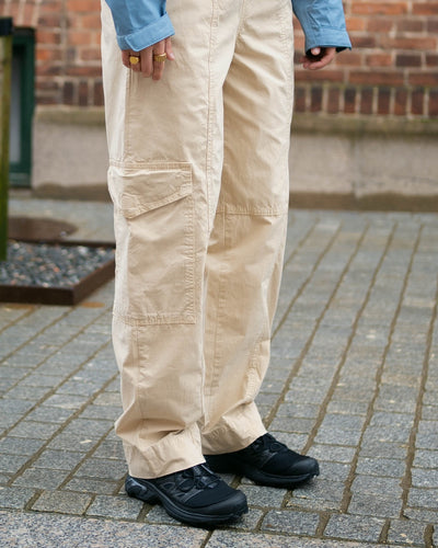 Washed Cotton Canvas Elasticated Curve Pants - Pale Khaki