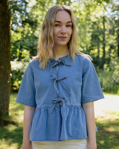 Light Stripe Denim Peplum Blouse - Mid Blue Stone